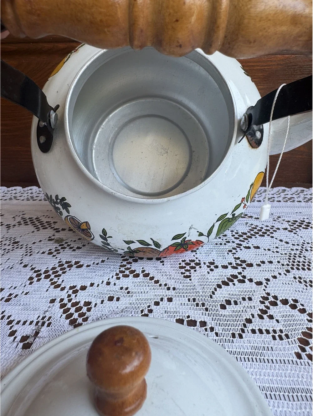 Vintage Enamel Teapot with Wooden Handle and Veggie and Mushroom Design